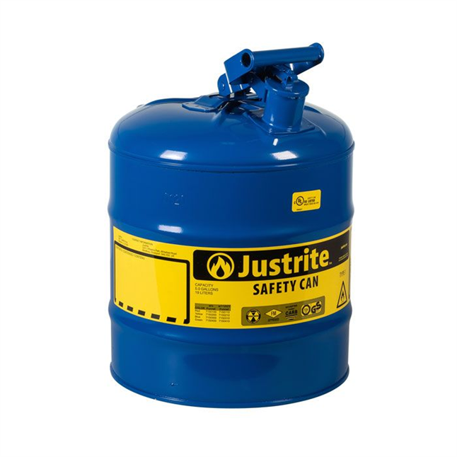 Justrite® Type I Steel Safety Can For Kerosene w/ Swing Handle, Blue, 5 Gallon