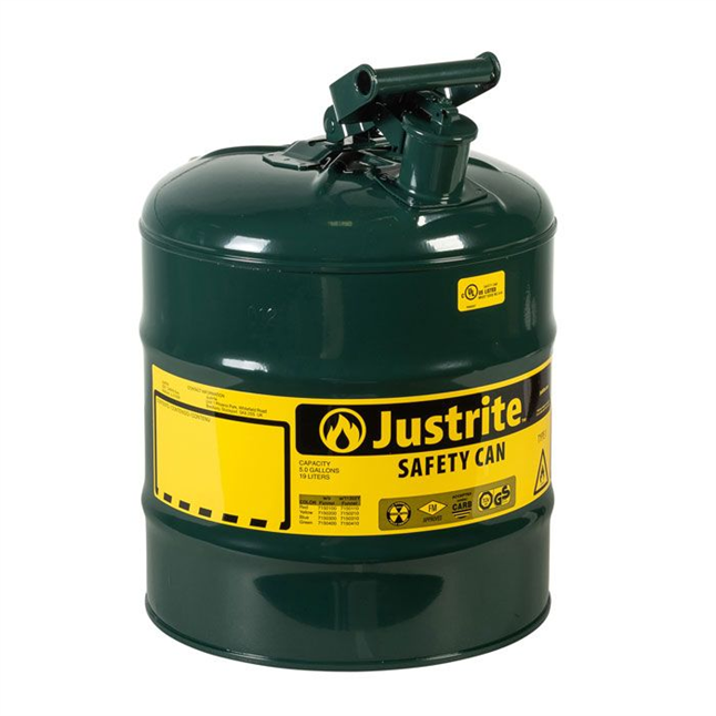 Justrite® Type I Steel Safety Can For Oil w/ Swing Handle, Green, 5 Gallon