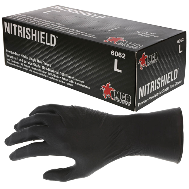 MCR NitriShield Stealth™ 6 mil Black Nitrile 12” Powder Free Food Contact Grade Disposable Gloves