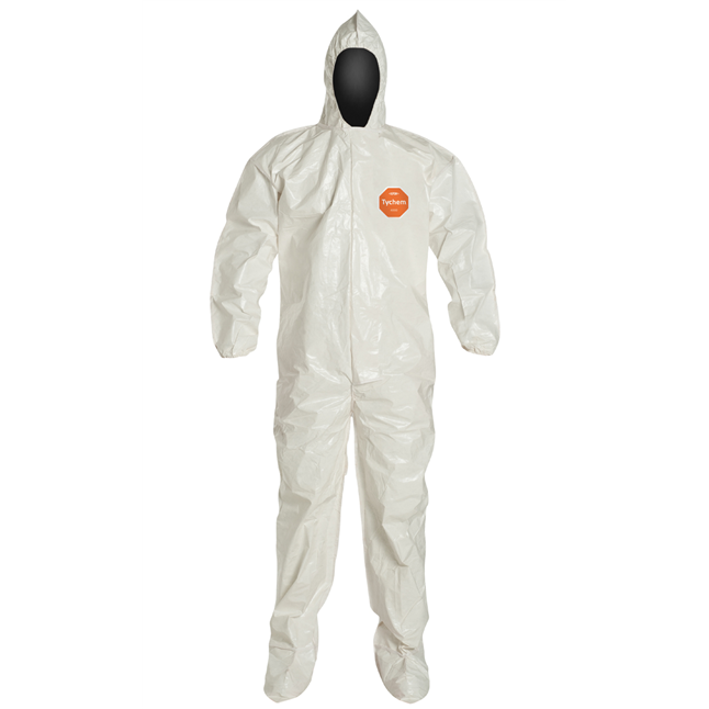 DuPont™ Tychem® 4000 Coverall. Standard Fit Hood. Elastic Wrists. Attached Socks. Storm Flap with Adhesive Closure.