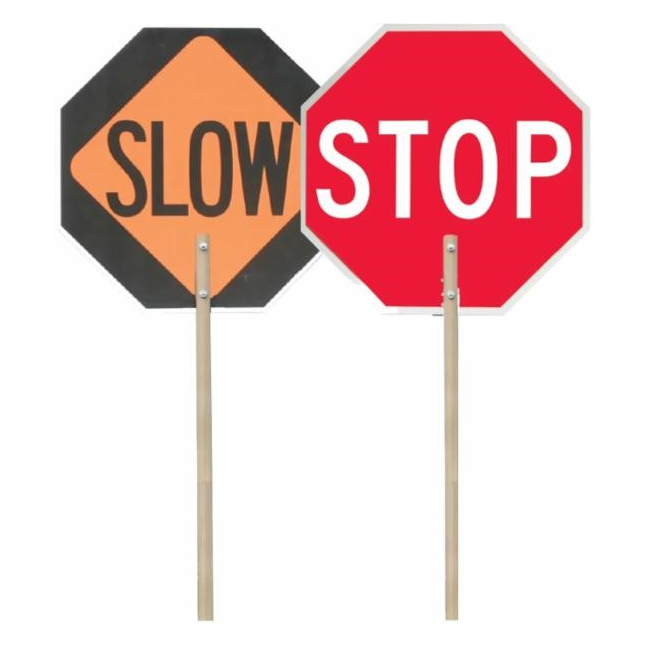 Accuform® Stop/Slow Reflective Aluminum Paddle Sign, 60" Wood Handle, 24"