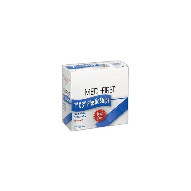 Medi-First® Metal Detectable Plastic Strip Bandages, Blue