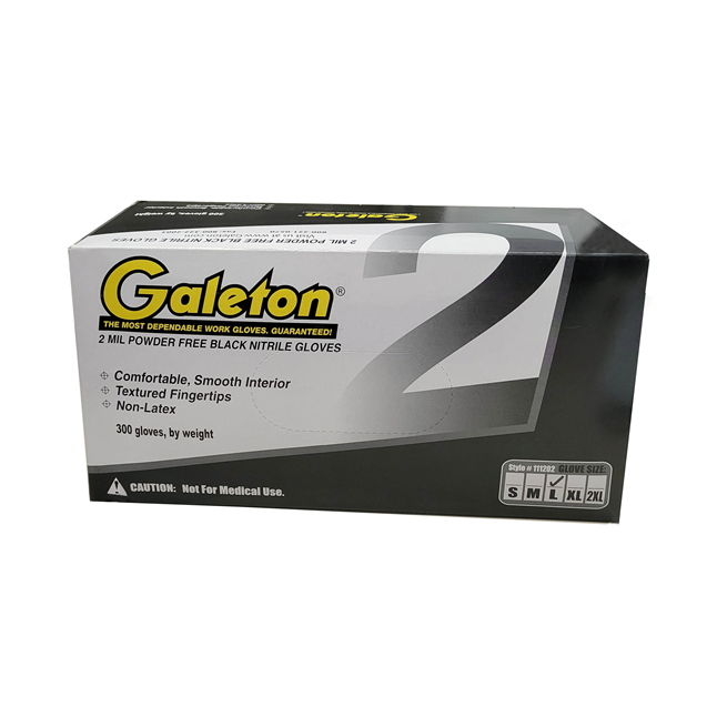 Galeton 2 Mil Black Disposable Nitrile Gloves, Powder Free, 300/Box