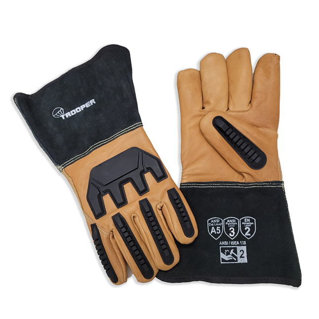 Trooper FlakBak™ - Water, Oil, Impact and Cut Resistant Goatskin Gloves, Gauntlet Cuff