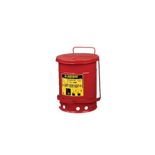 Justrite® Oil Waste Can with Foot Operated Lid, Red, 6 gal