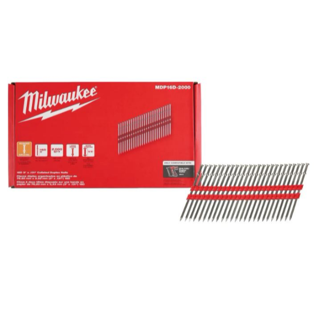 Milwaukee 16D 3" x .131" Collated Duplex Nails, 2000 per Pack Main Image