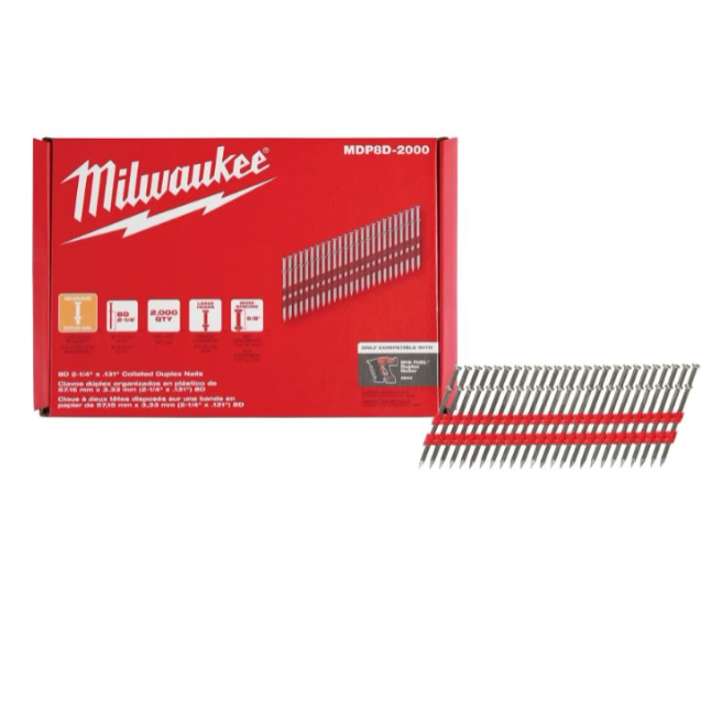 Milwaukee 8D 2-1/4" X .131" Collated Duplex Nails, 2000 per Pack Main Image