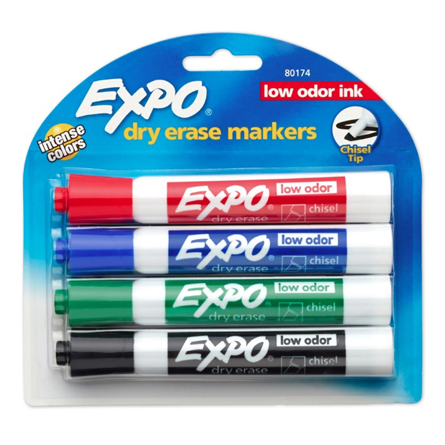Dry Erase Marker Set, Chisel Tip, Assorted Colors PK4 Low Odor