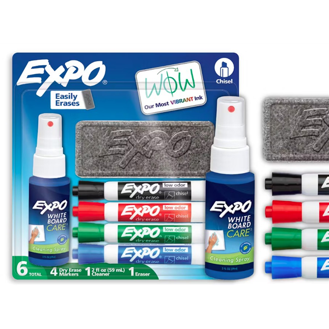 Dry Erase Marker Set, Chisel Tip, Assorted Colors PK4 Low Odor with Eraser