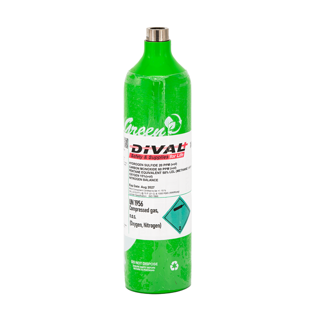 DiVal Blended Cal Gas, 58 L Quad Gas Mix, 58% LEL Pentane(CH4 – 1.45%/vol), O2 15.0%, H2S 20ppm, CO 60ppm, Nitrogen Balance