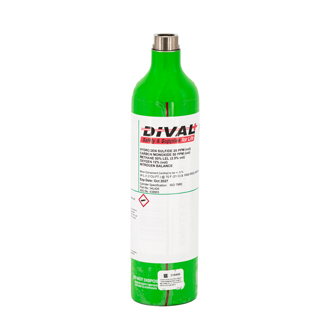 DiVal Blended Cal Gas, 34 L Quad Gas Mix, 50% LEL Methane(CH4 - 2.5%/vol), O2 12.0%, H2S 25ppm, CO 50ppm, Nitrogen Balance