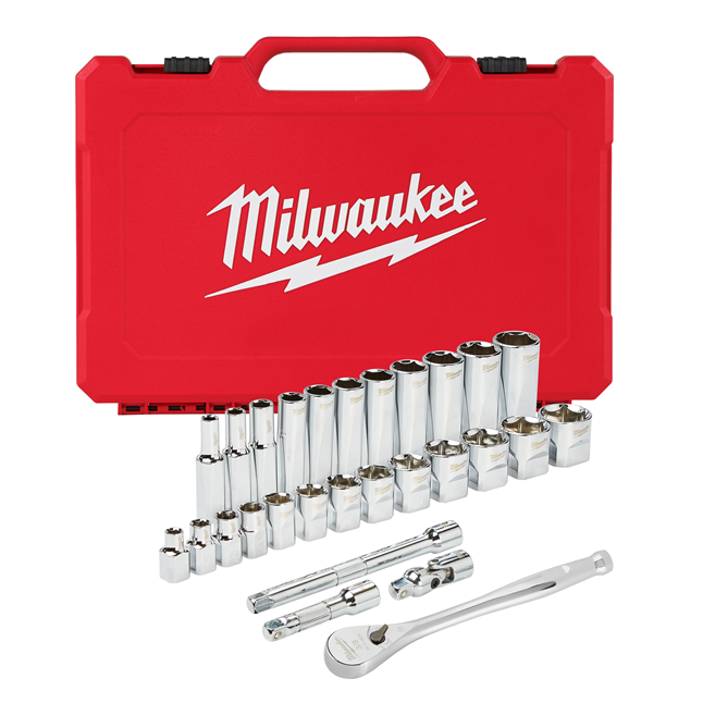 Milwaukee® SAE 3/8" Drive Rachet & Socket Set, 28 Pieces