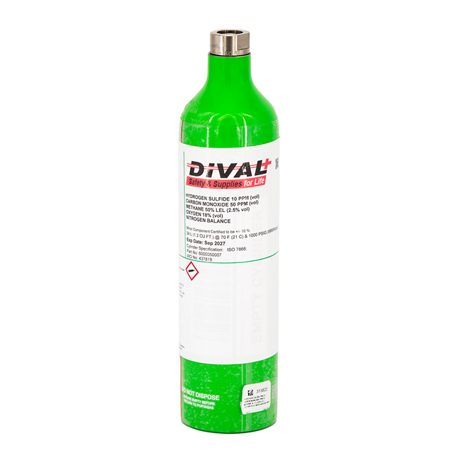 DiVal Blended Cal Gas, 34 L Quad Gas Mix, 50% LEL Methane(CH4 - 2.5%/vol), O2 18.0%, H2S 10ppm, CO 50ppm, Nirtogen Balance