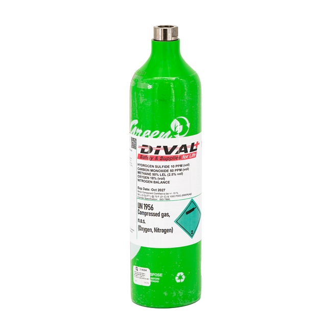 DiVal Blended Cal Gas, 58 L Quad Gas Mix, 50% LEL Methane(CH4 - 2.5%/vol), O2 18.0%, H2S 10ppm, CO 50ppm, Nitrogen Balance