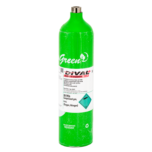 DiVal Blended Cal Gas, 116 L Quad Gas Mix, 50% LEL Methane(CH4 - 2.5%/vol), O2 18.0%, H2S 25ppm, CO 200ppm, Nitrogen Balance