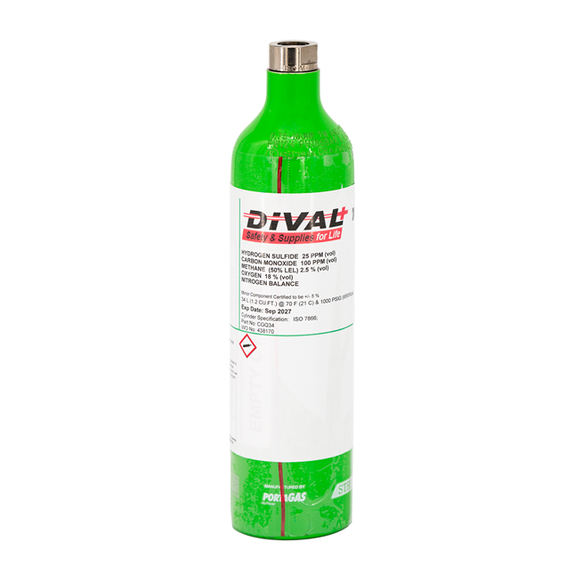 DiVal Blended Cal Gas, 34 L Quad Gas Mix, 50% LEL Methane(CH4 - 2.5%/vol), O2 18.0%, H2S 25ppm, CO 100ppm, Nitrogen Balance