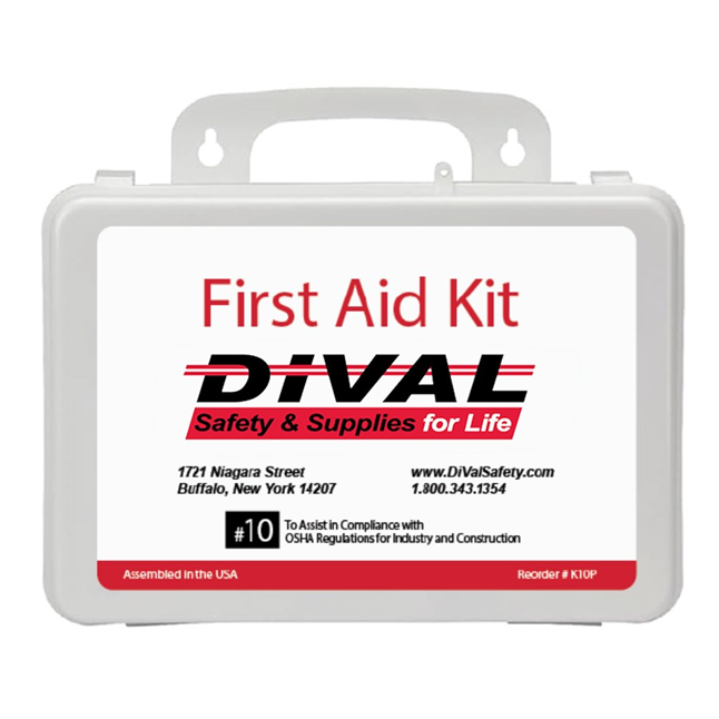 DiVal 10 Person First Aid Kit with Weatherproof Plastic Case, OSHA Compliant